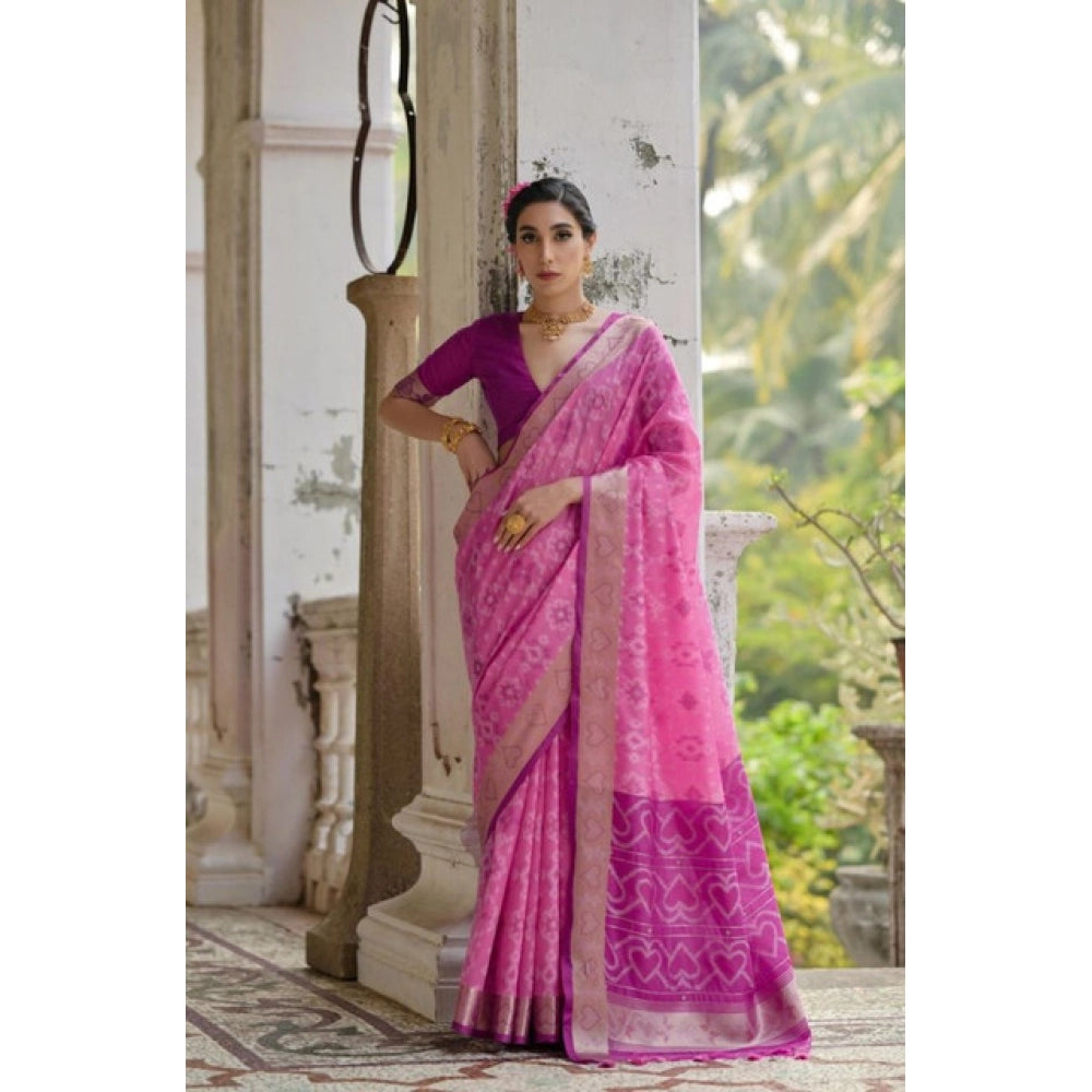 Silk_Blend Ethnic Ikat Pattern Saree With Unstitched Blouse 5.5Mtr (Pink)