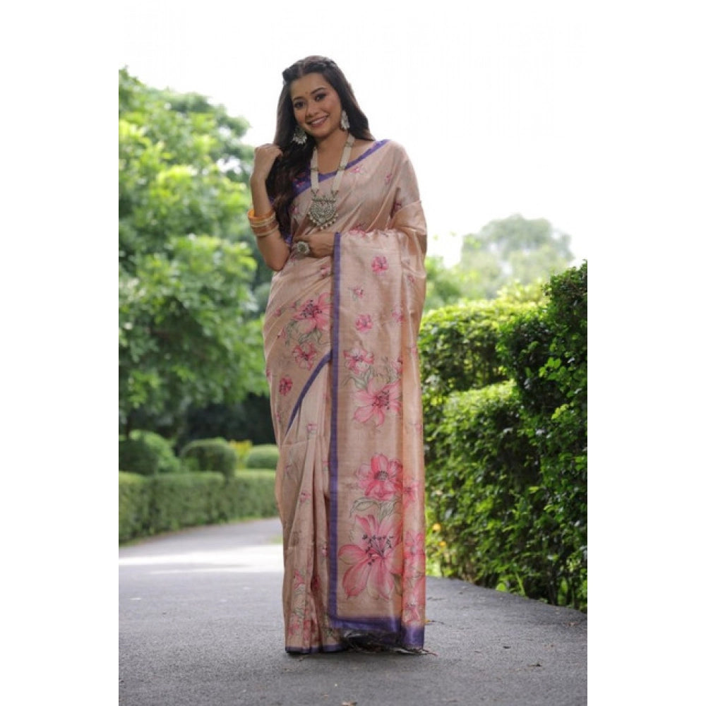 Faux_Tussar Floral_Print Saree With Unstitched Blouse 5.5Mtr (Beige)