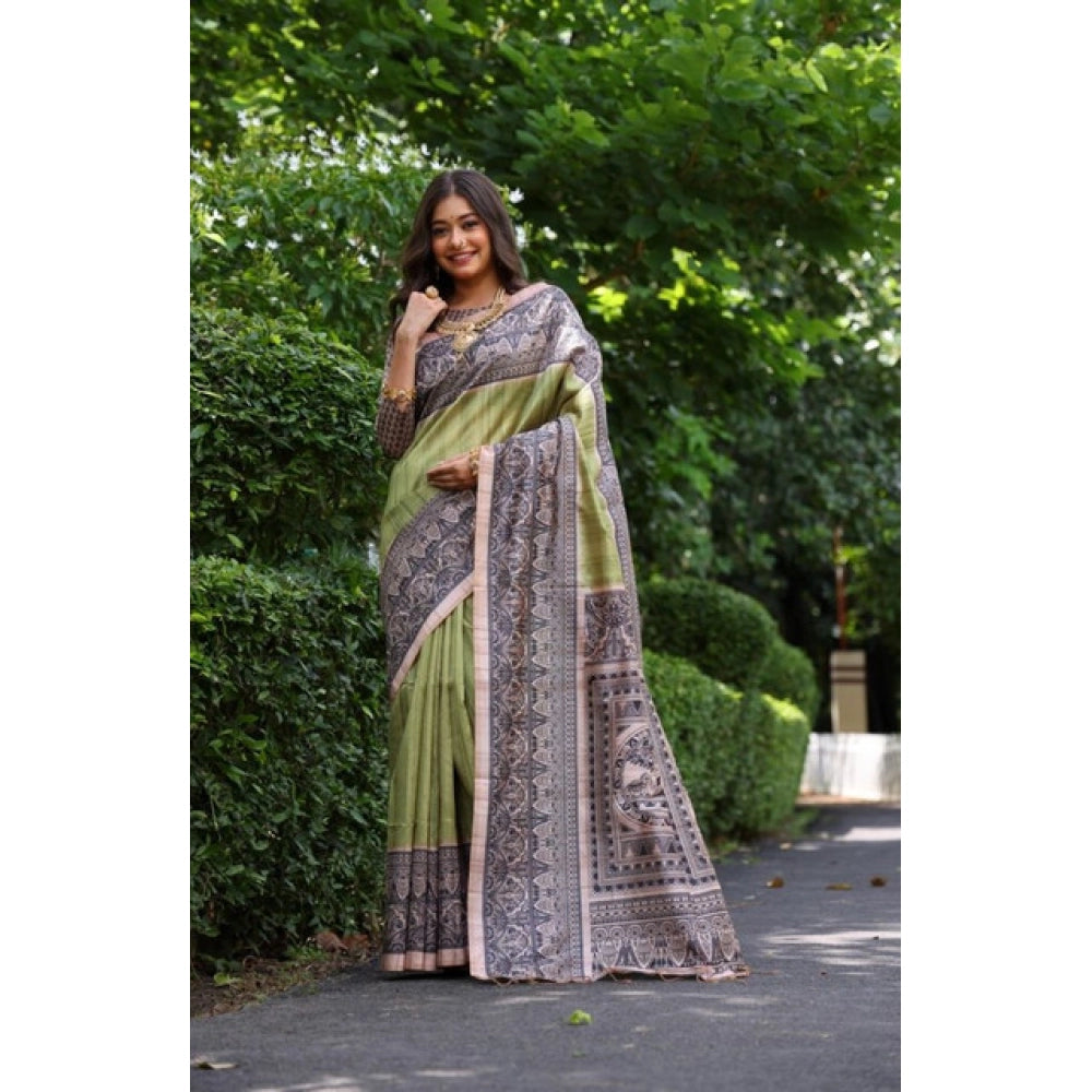 Faux_Tussar Ethnic_Print Saree With Unstitched Blouse 5.5Mtr (Olive)