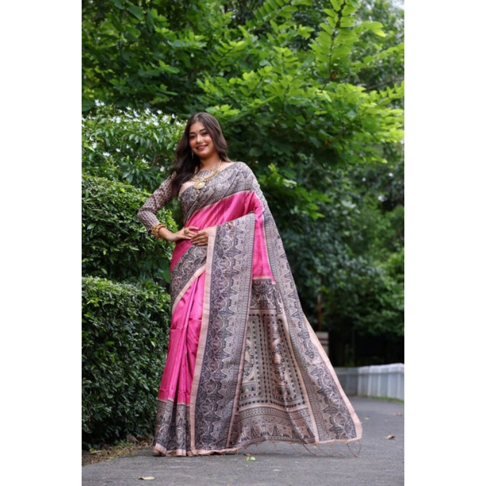 Faux_Tussar Ethnic_Print Saree With Unstitched Blouse 5.5Mtr (Pink)