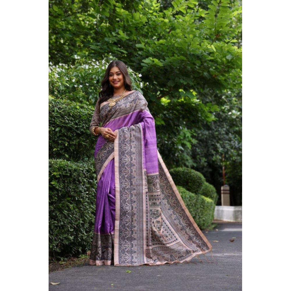 Faux_Tussar Ethnic_Print Saree With Unstitched Blouse 5.5Mtr (Purple)