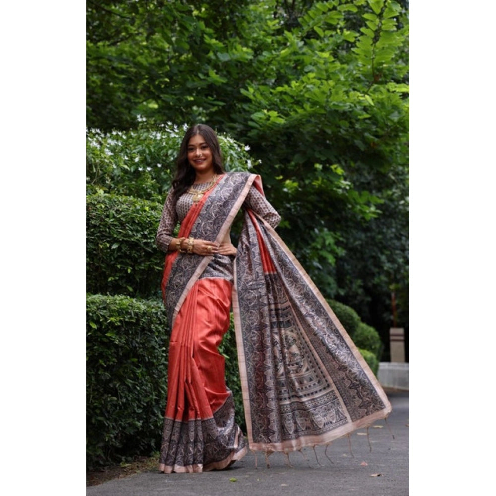 Faux_Tussar Ethnic_Print Saree With Unstitched Blouse 5.5Mtr (Rust)