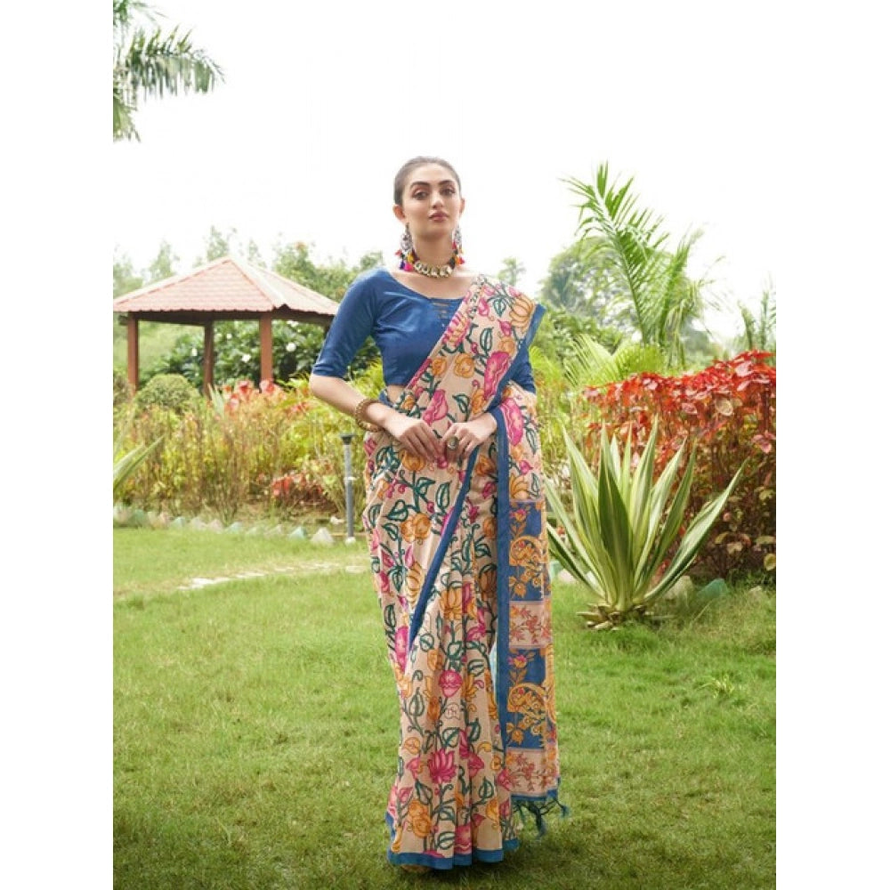 Faux_Tussar Kalamkari_Print Saree With Unstitched Blouse 5.5Mtr (Blue)