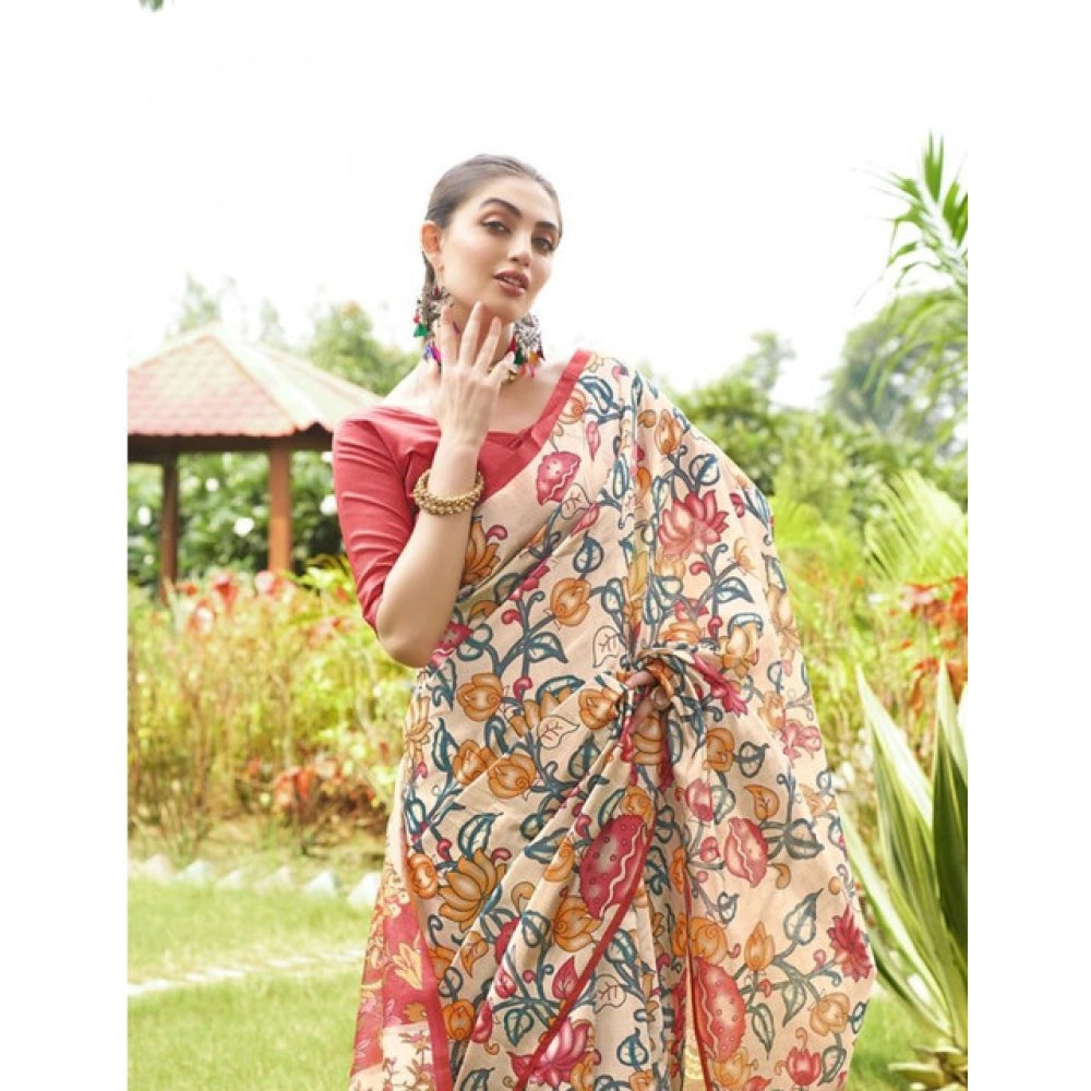 Faux_Tussar Kalamkari_Print Saree With Unstitched Blouse 5.5Mtr (Red)