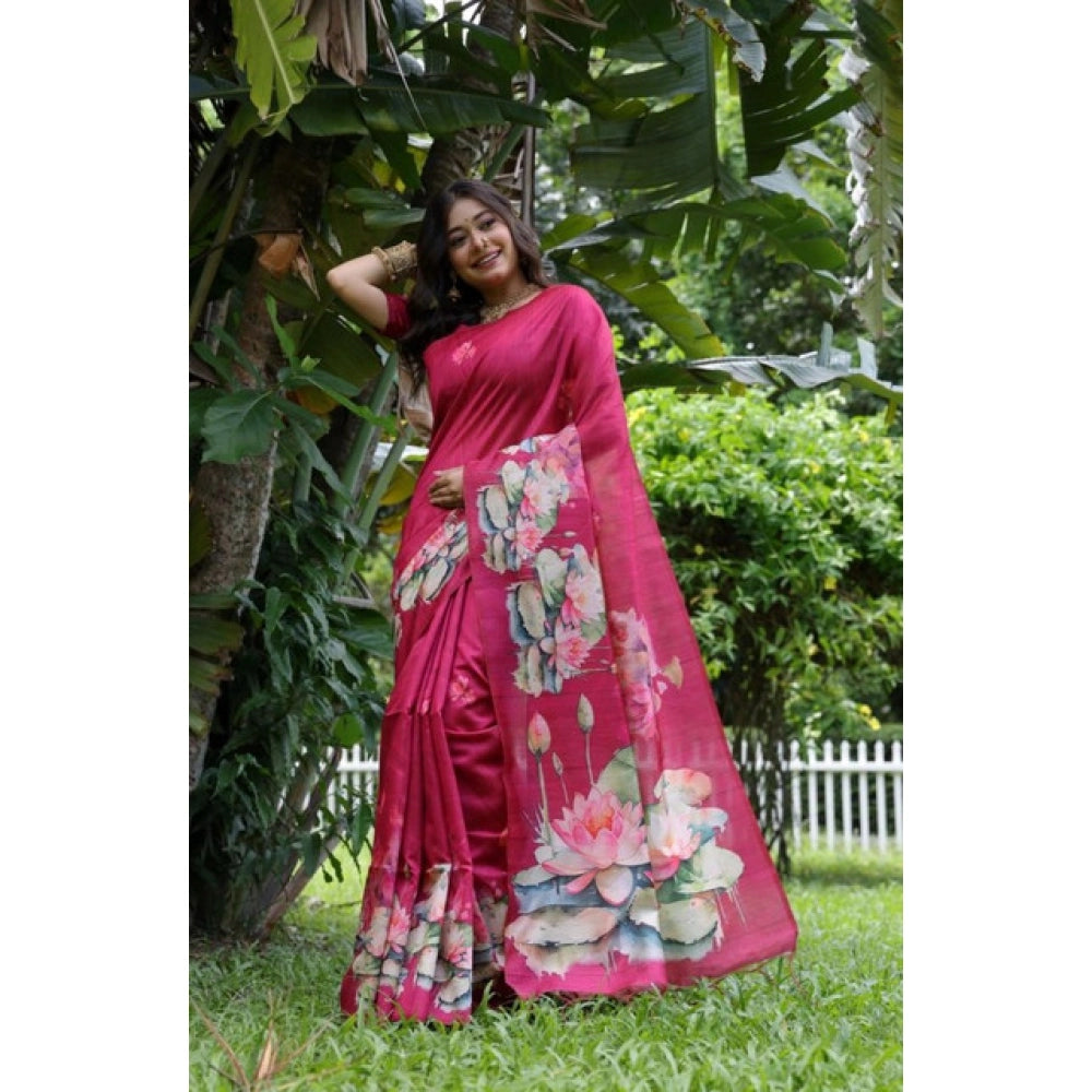 Faux_Tussar Floral Saree With Unstitched Blouse 5.5Mtr (Pink)
