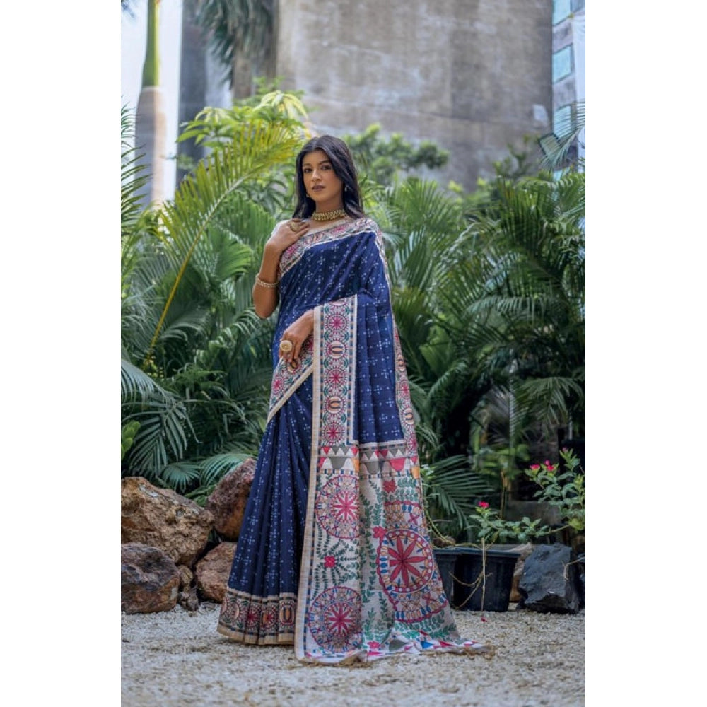 Faux_Tussar Geometric_Print Saree With Unstitched Blouse 5.5Mtr (Blue)