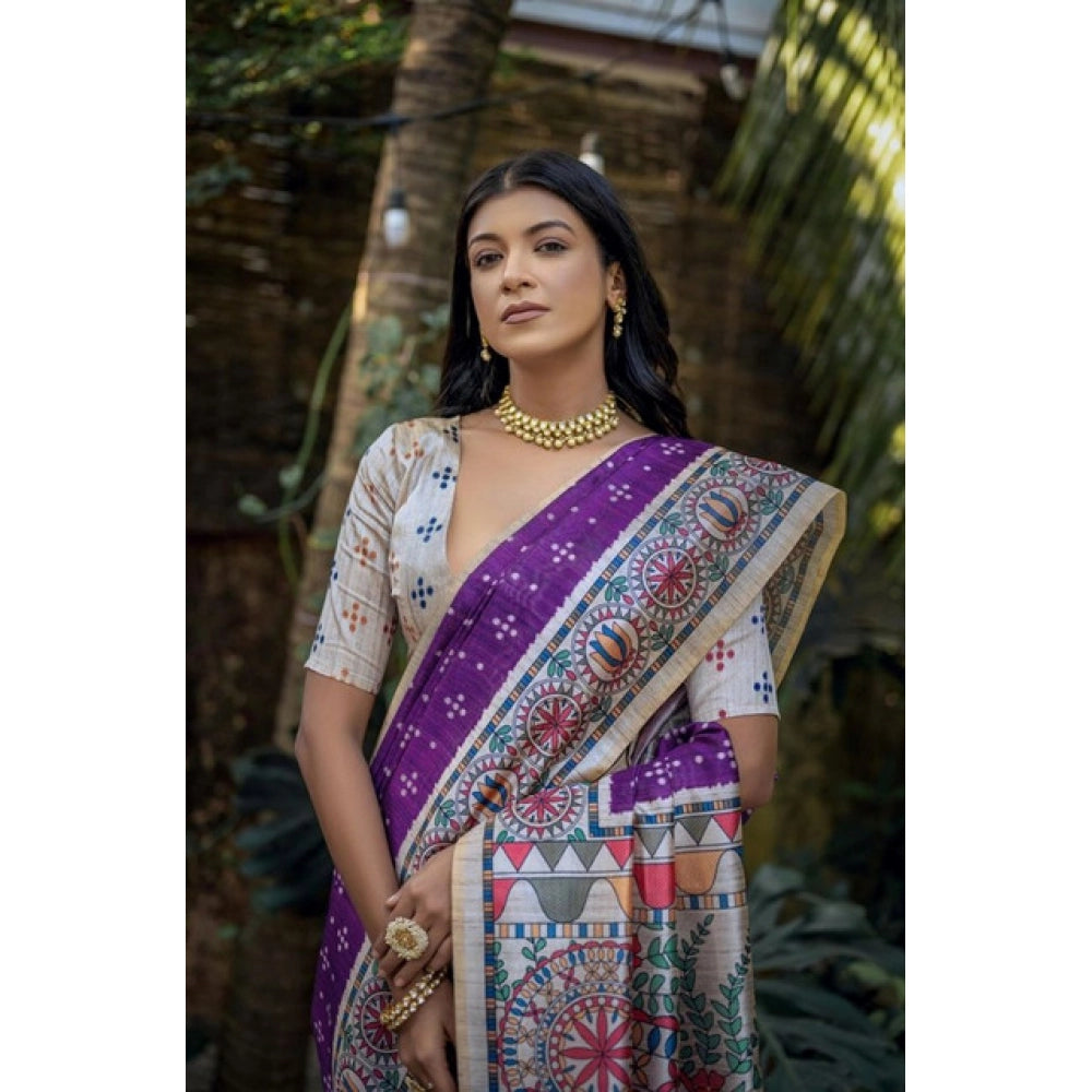 Faux_Tussar Geometric_Print Saree With Unstitched Blouse 5.5Mtr (Purple)