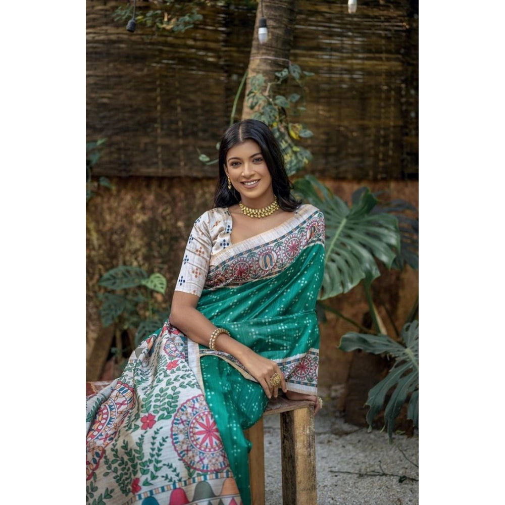 Faux_Tussar Geometric_Print Saree With Unstitched Blouse 5.5Mtr (Rama_Green)
