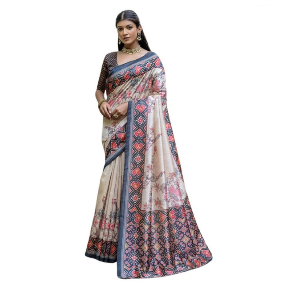 Faux_Tussar Floral Jal With Patola Print Saree With Unstitched Blouse 5.5Mtr (Black)