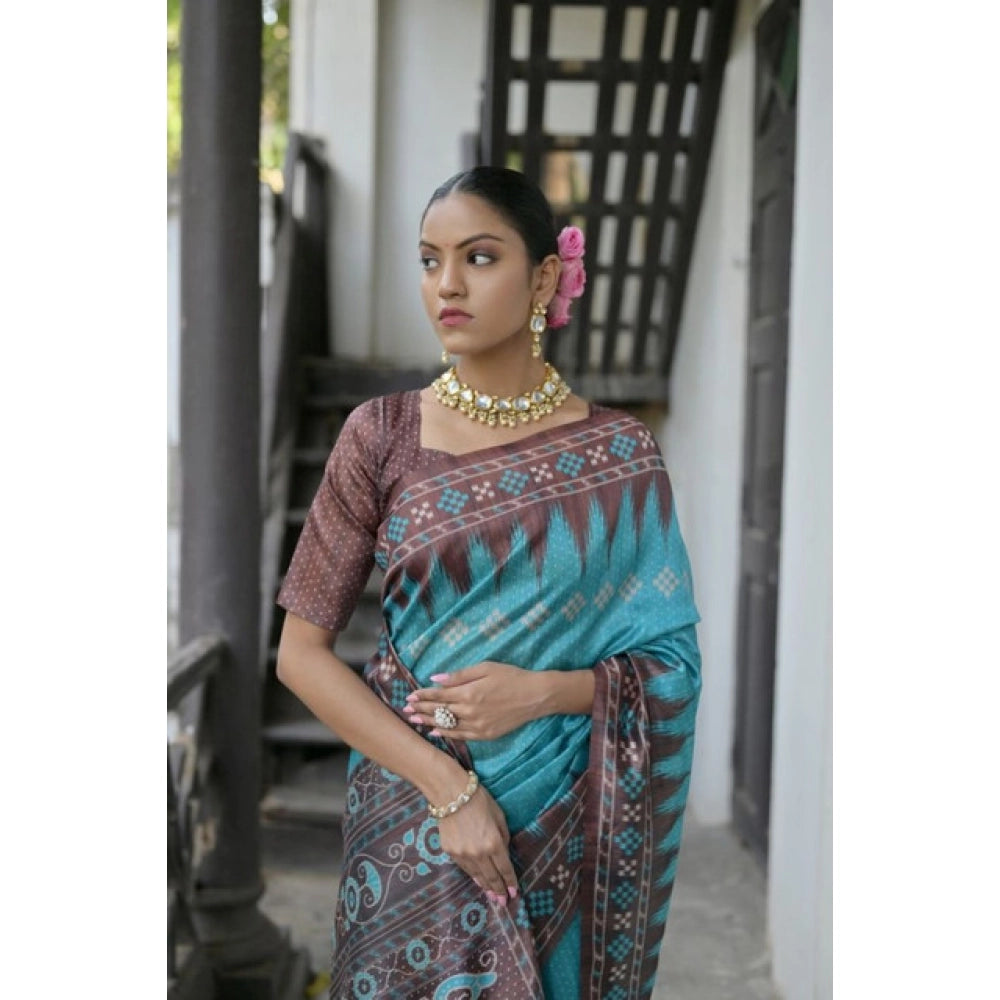 Faux_Tussar Ikat Saree With Unstitched Blouse 5.5Mtr (Aqua_Blue)