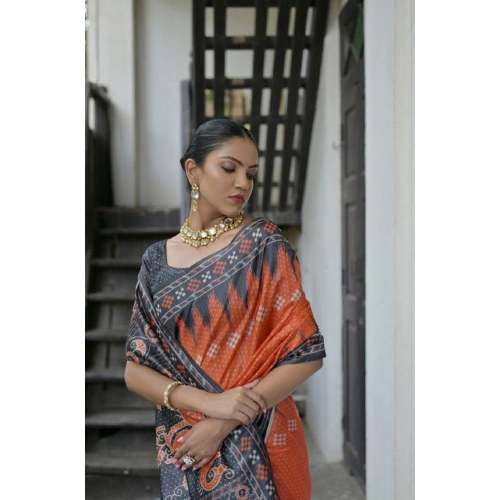 Faux_Tussar Ikat Saree With Unstitched Blouse 5.5Mtr (Orange)