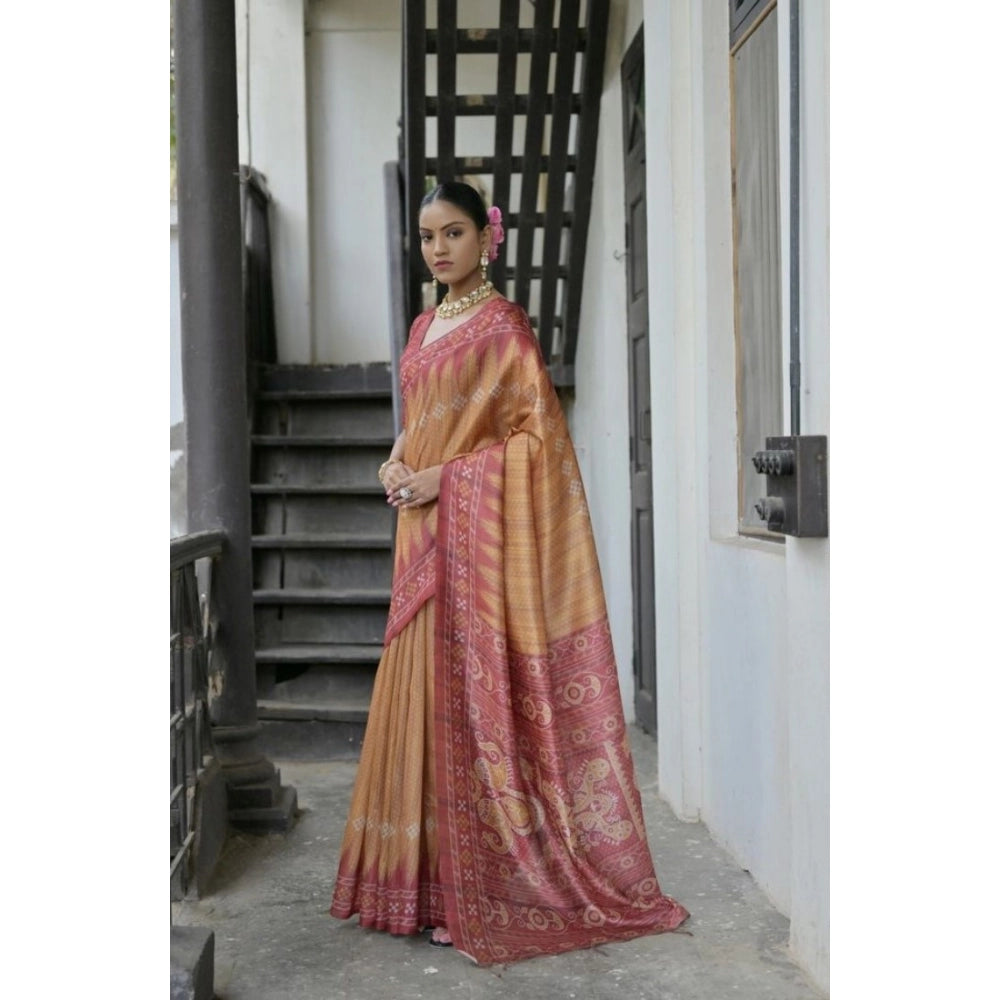 Faux_Tussar Ikat Saree With Unstitched Blouse 5.5Mtr (Rust)