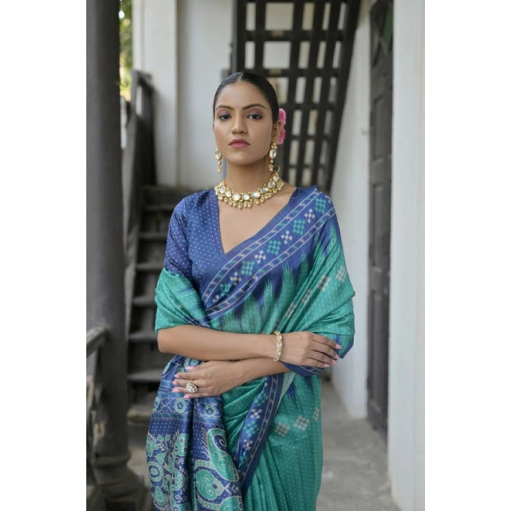 Faux_Tussar Ikat Saree With Unstitched Blouse 5.5Mtr (Sea_Green)