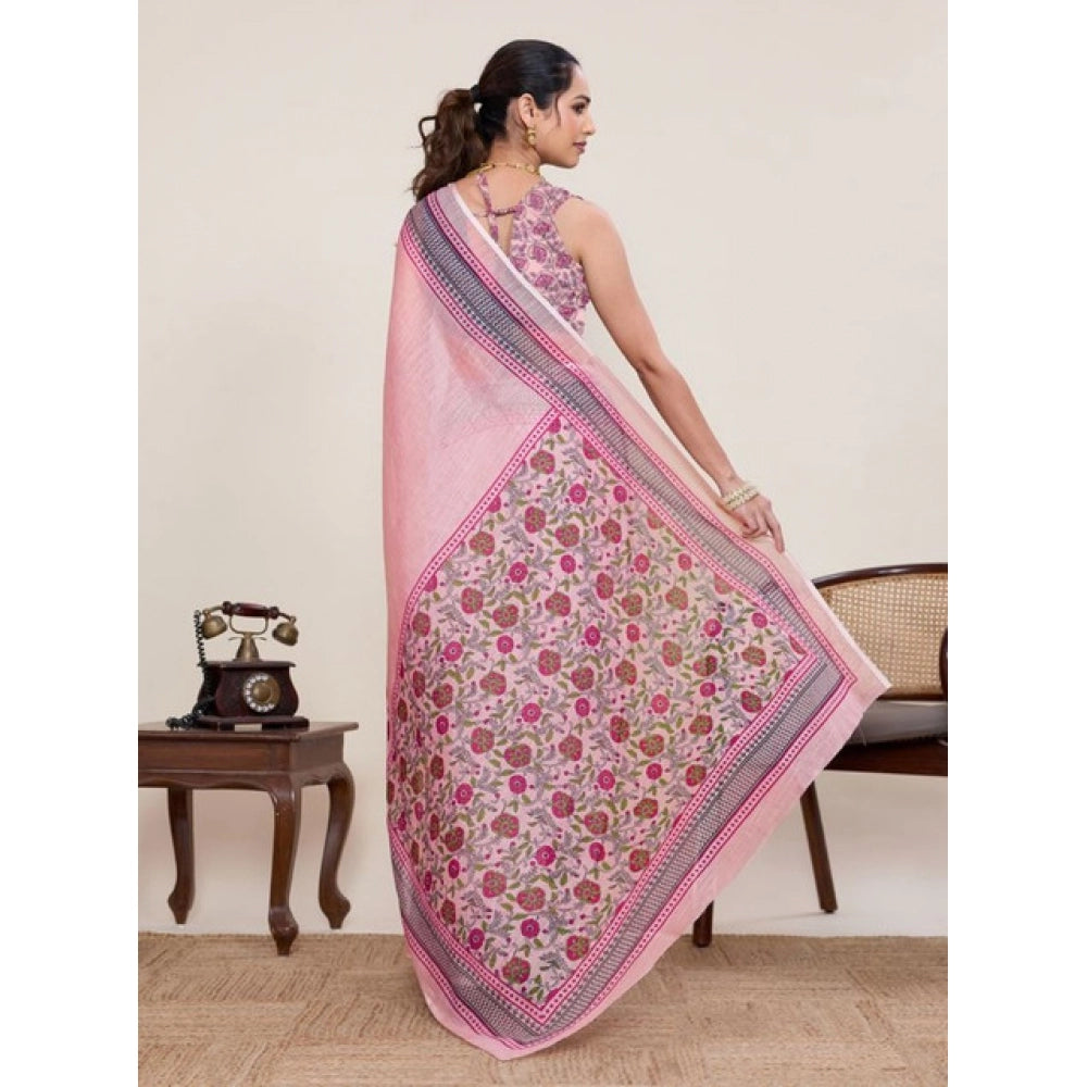 Linen Floral Printed Saree With Unstitched Blouse 5.5Mtr (Pink)