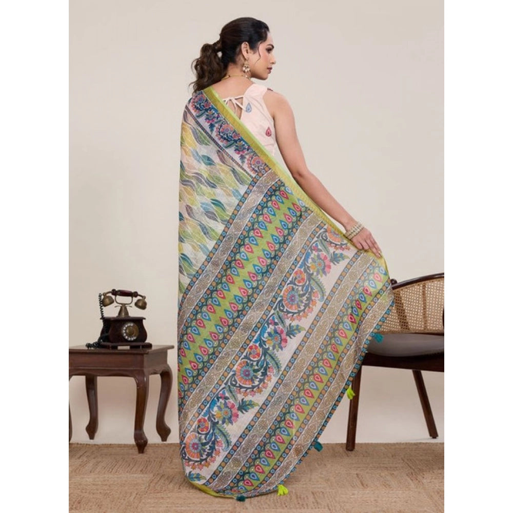 Linen Floral Printed Saree With Unstitched Blouse 5.5Mtr (Pista Green)