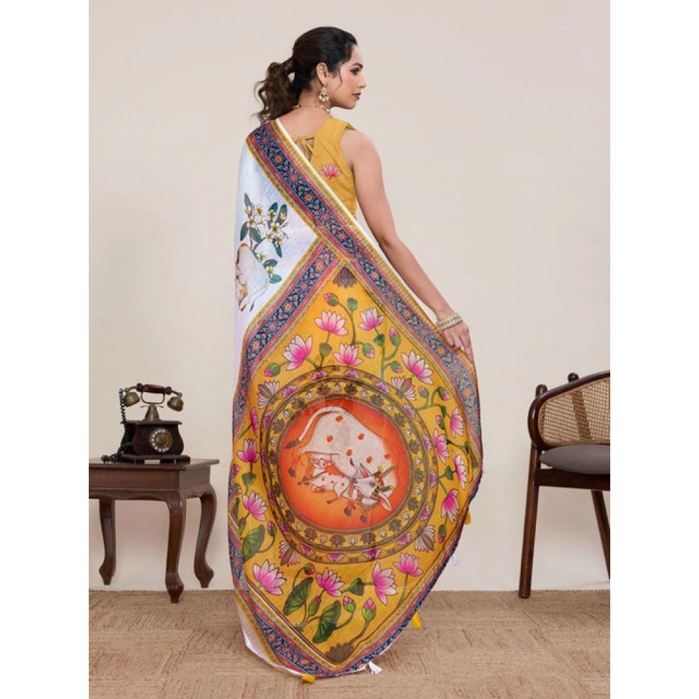 Linen Floral Printed Saree With Unstitched Blouse 5.5Mtr (White)