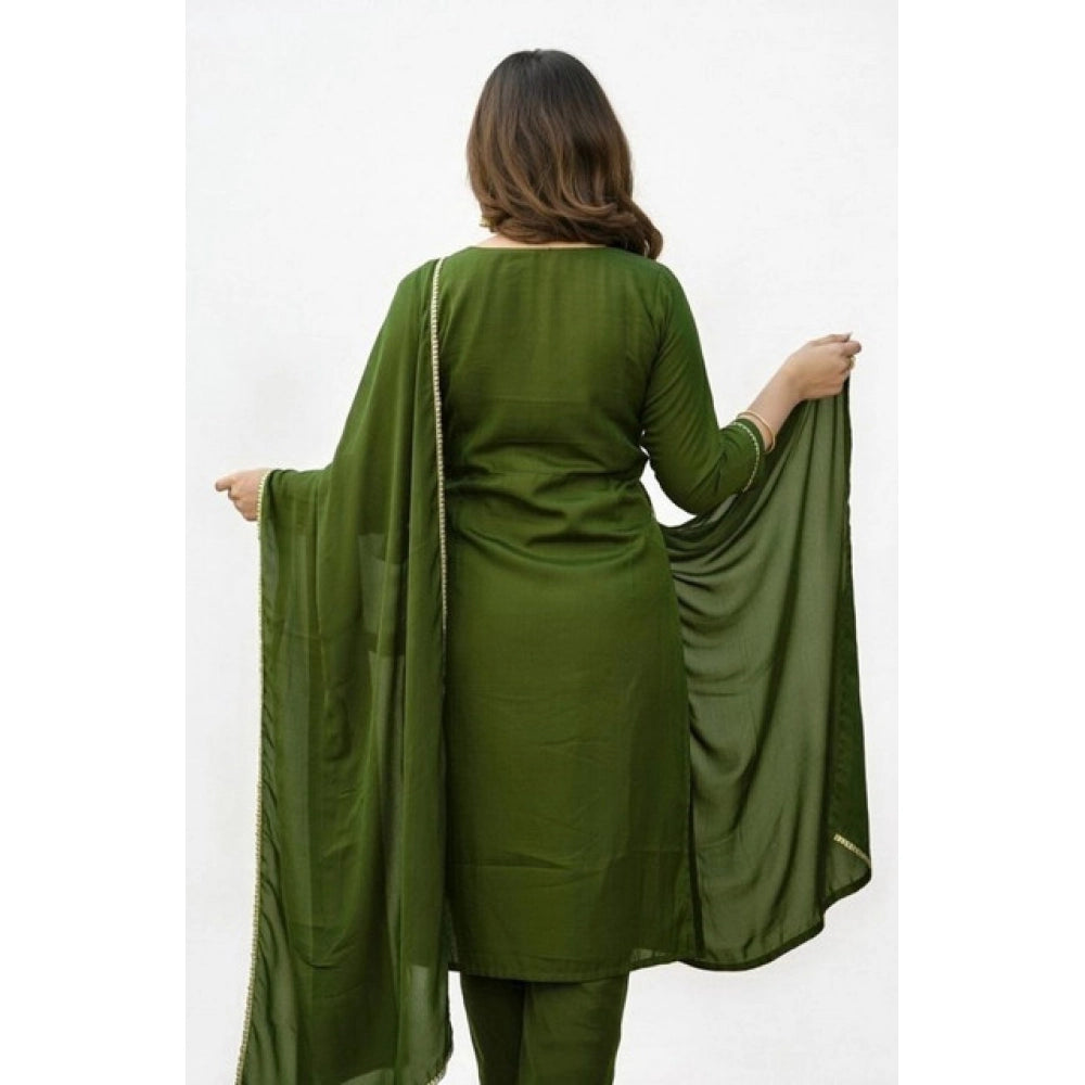 Georgette Ethnic Motif Round 3/4th Sleeve Kurti With Pant Dupatta Set (Mahendi)