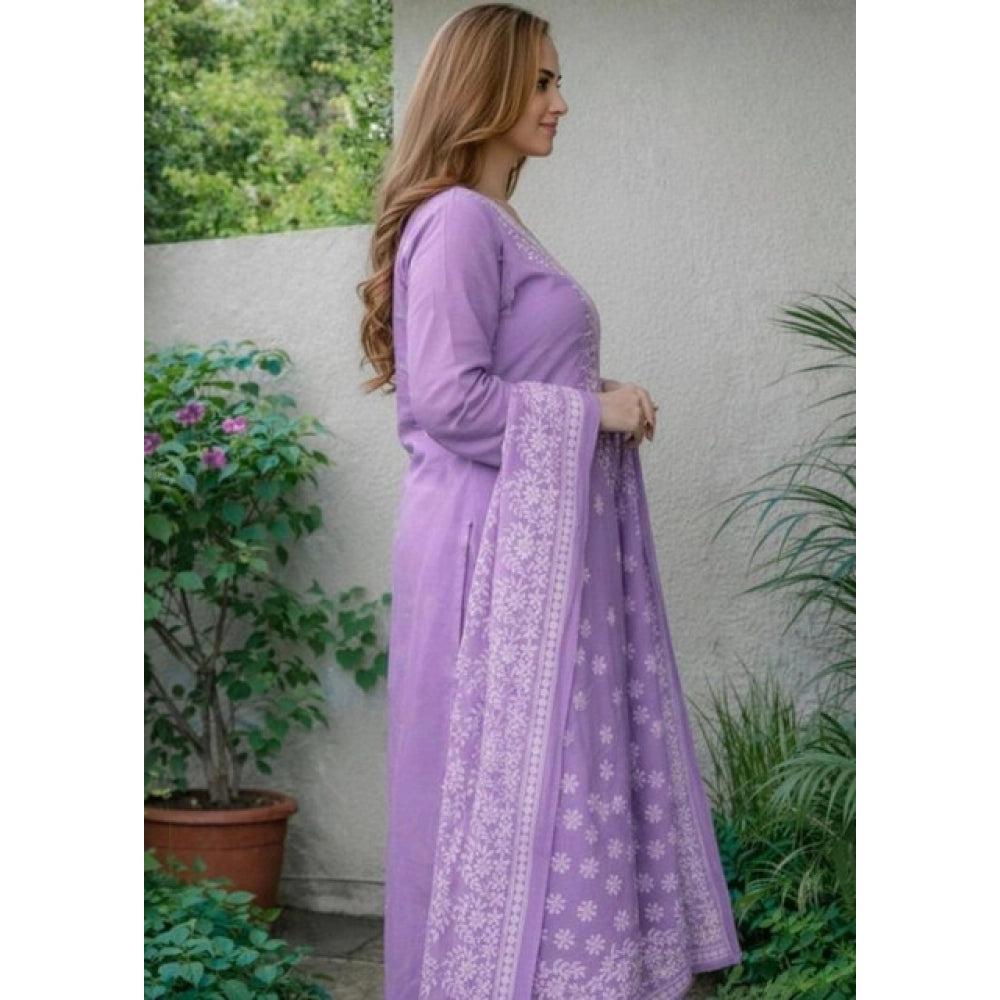 Chanderi Silk Ethnic Motif Round 3/4th Sleeve Kurti With Pant Dupatta Set (Lavender)