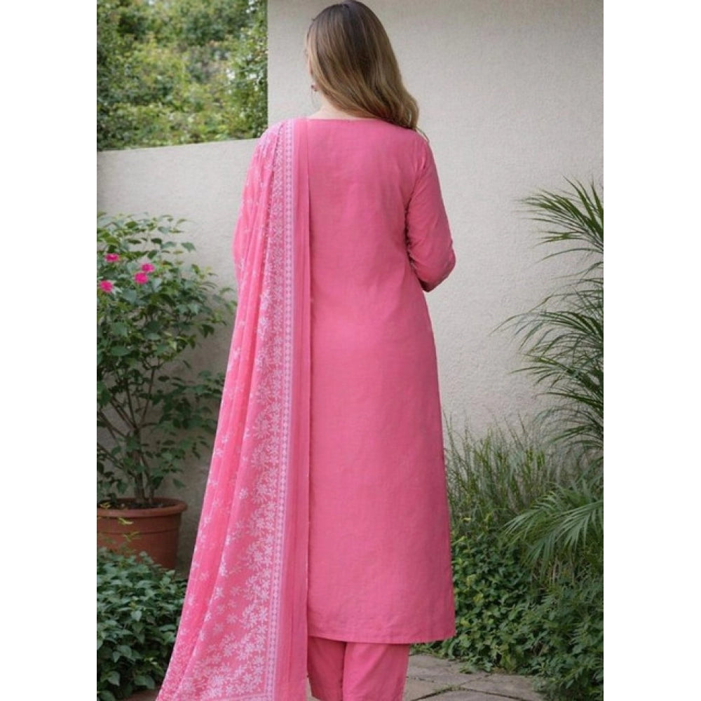 Chanderi Silk Ethnic Motif Round 3/4th Sleeve Kurti With Pant Dupatta Set (Pink)