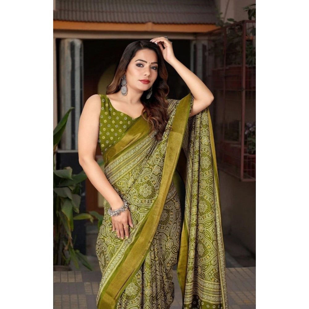 Cotton Silk Printed Saree With Unstitched Blouse 5.5Mtr (Green)