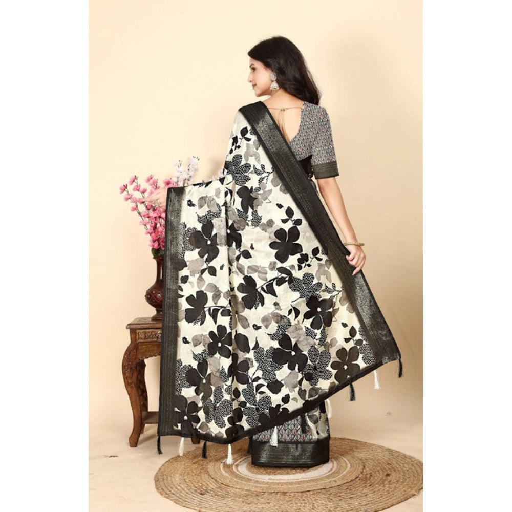 Cotton Silk Floral Printed Saree With Unstitched Blouse 5.5Mtr (Multicolor)