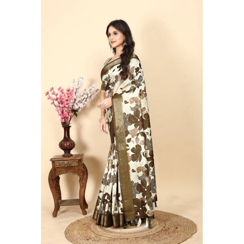 Cotton Silk Floral Printed Saree With Unstitched Blouse 5.5Mtr (Multicolor)
