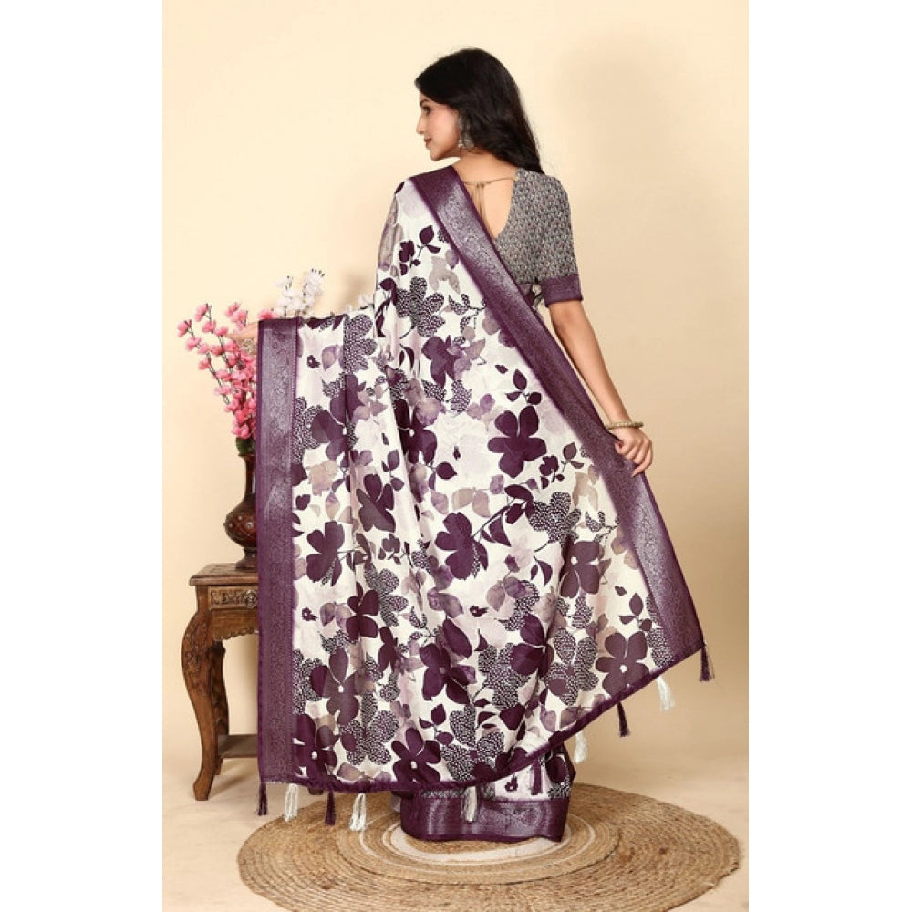 Cotton Silk Floral Printed Saree With Unstitched Blouse 5.5Mtr (Multicolor)