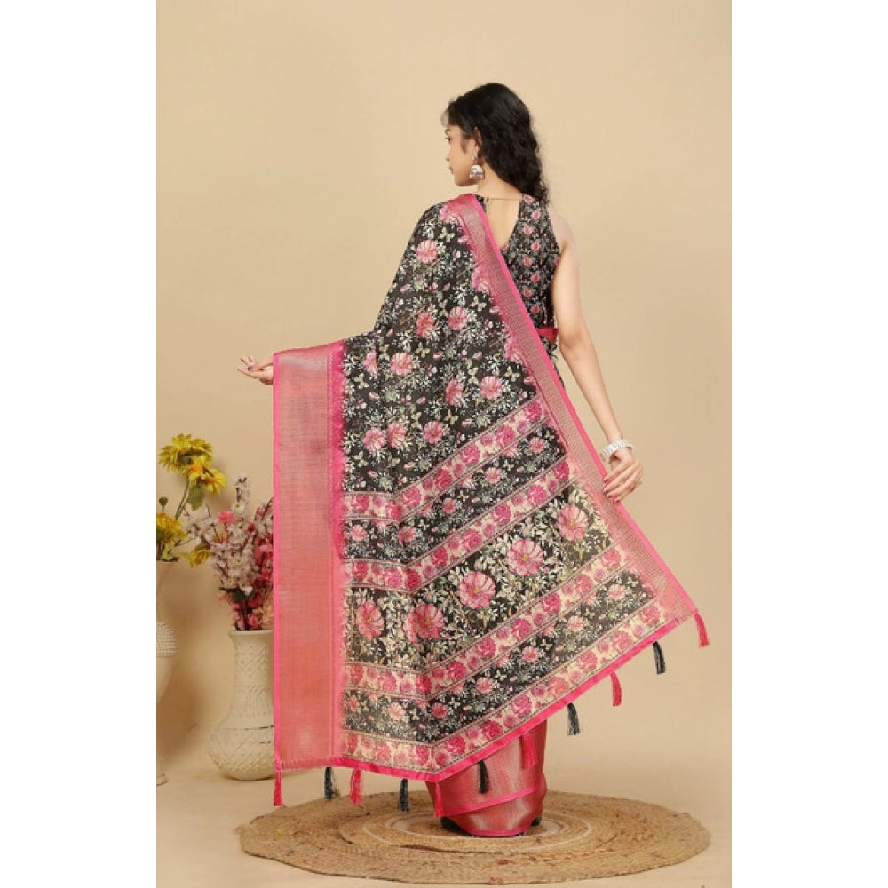 Cotton Silk Floral Printed Saree With Unstitched Blouse 5.5Mtr (Black)