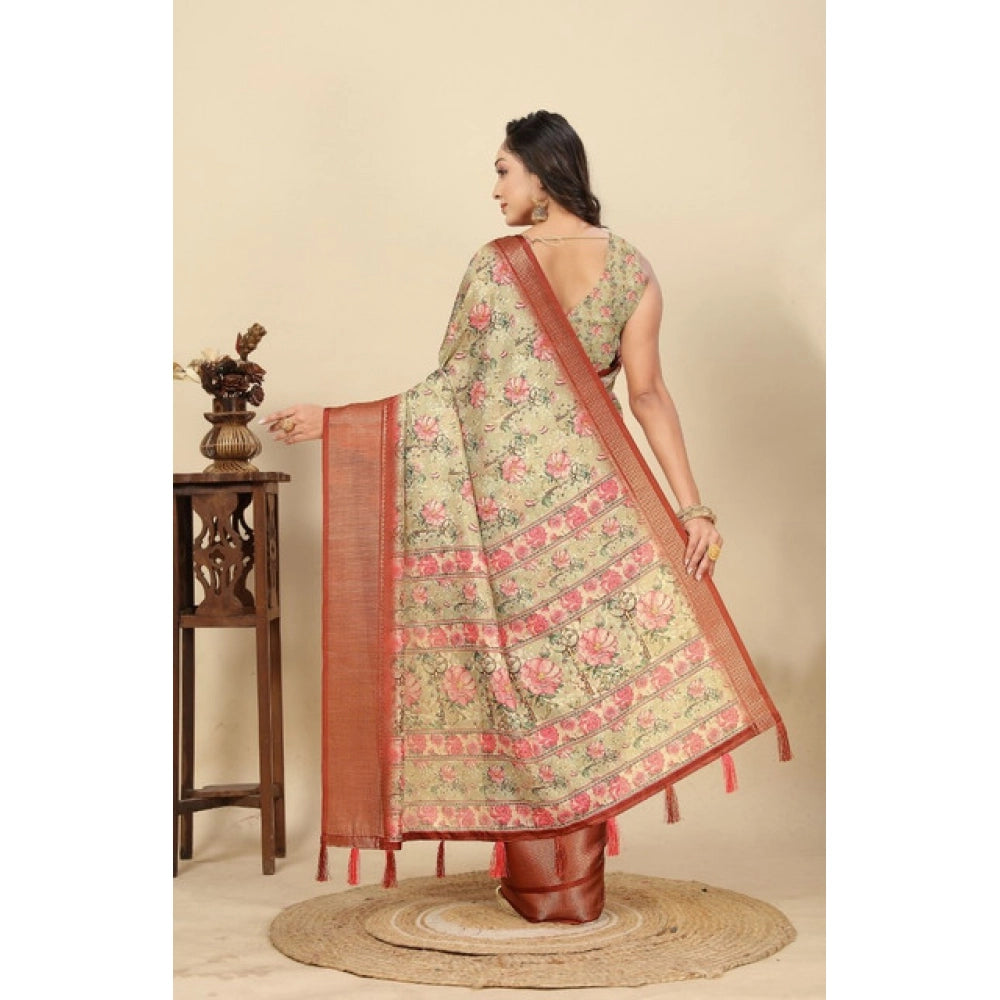 Cotton Silk Floral Printed Saree With Unstitched Blouse 5.5Mtr (Gold)