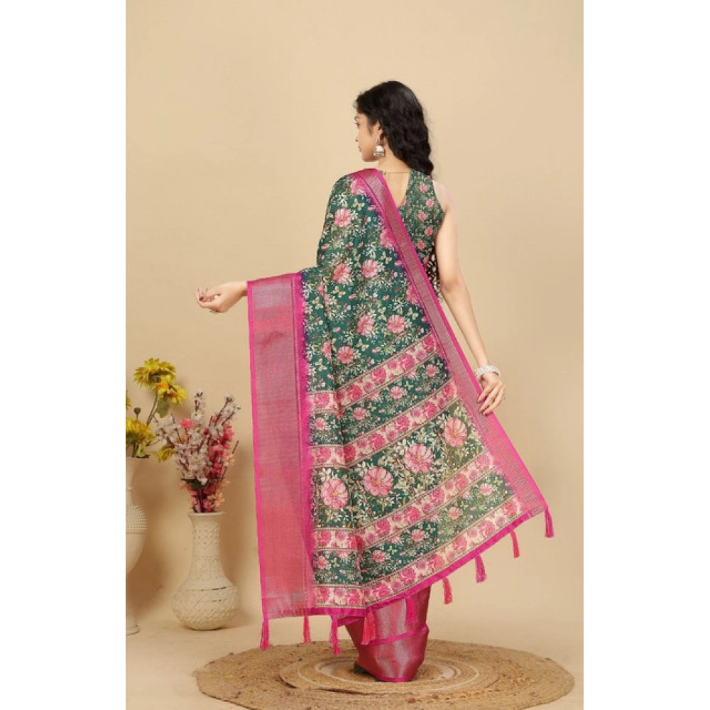 Cotton Silk Floral Printed Saree With Unstitched Blouse 5.5Mtr (Green)