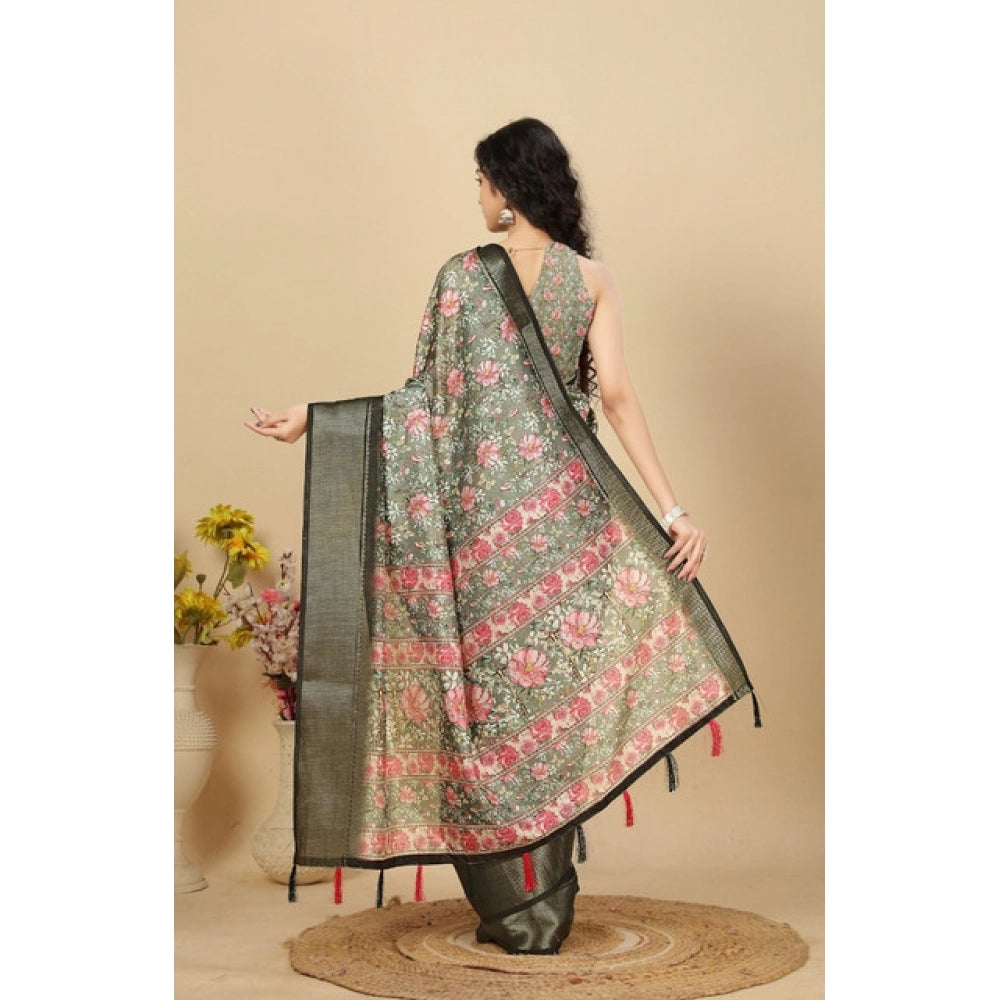 Cotton Silk Floral Printed Saree With Unstitched Blouse 5.5Mtr (Grey)