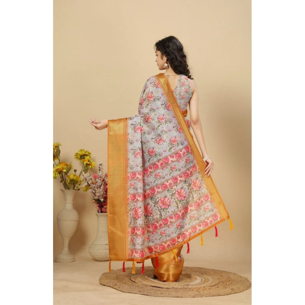 Cotton Silk Floral Printed Saree With Unstitched Blouse 5.5Mtr (Lavender)