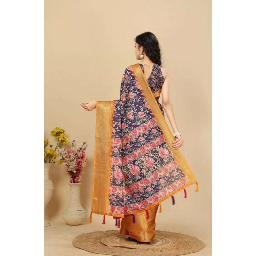 Cotton Silk Floral Printed Saree With Unstitched Blouse 5.5Mtr (Purple)