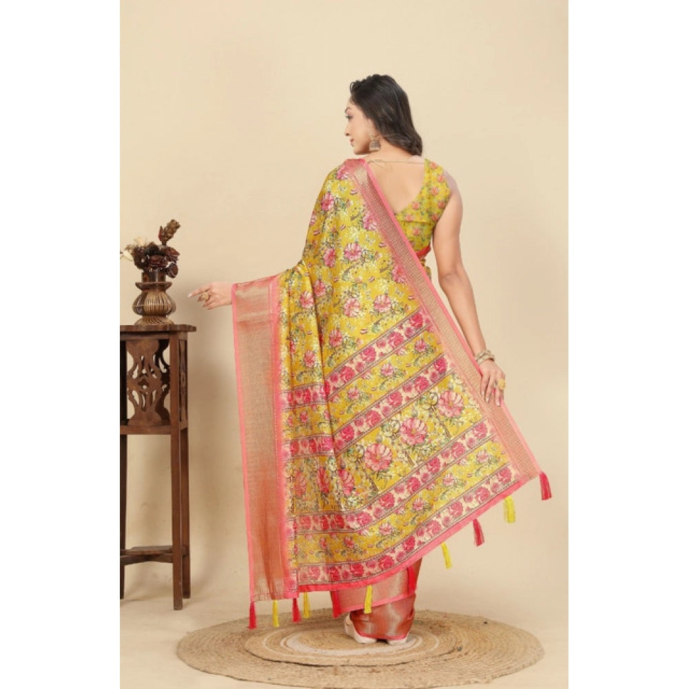 Cotton Silk Floral Printed Saree With Unstitched Blouse 5.5Mtr (Yellow)