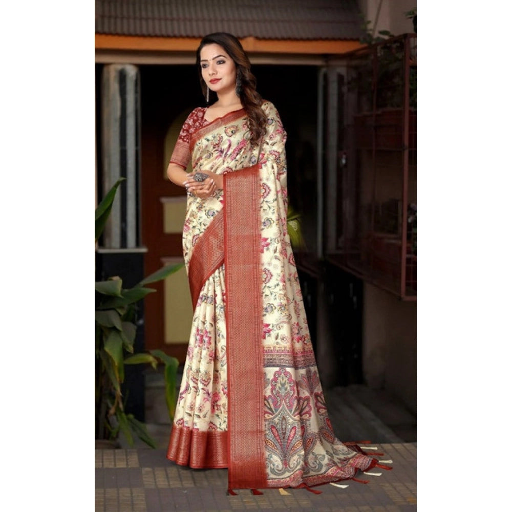 Cotton Silk Floral Printed Saree With Unstitched Blouse 5.5Mtr (Gold-Brown)