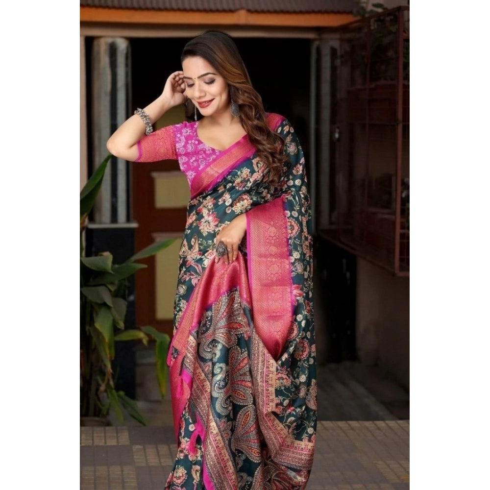 Cotton Silk Floral Printed Saree With Unstitched Blouse 5.5Mtr (Green-Pink)