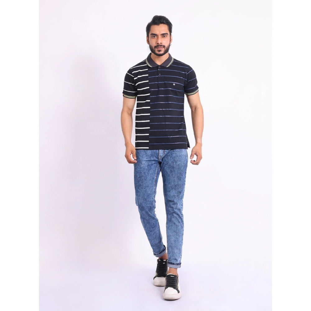 Generic Men's Casual Cotton Printed Polo Neck Half Sleeve T-Shirt (Black)