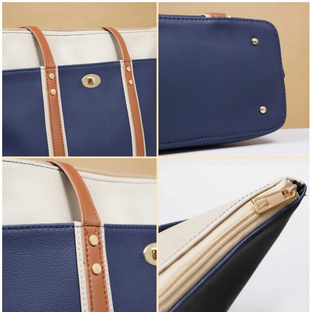 Faux Leather Large Shoulder Zipper Handbag (Dark Blue)