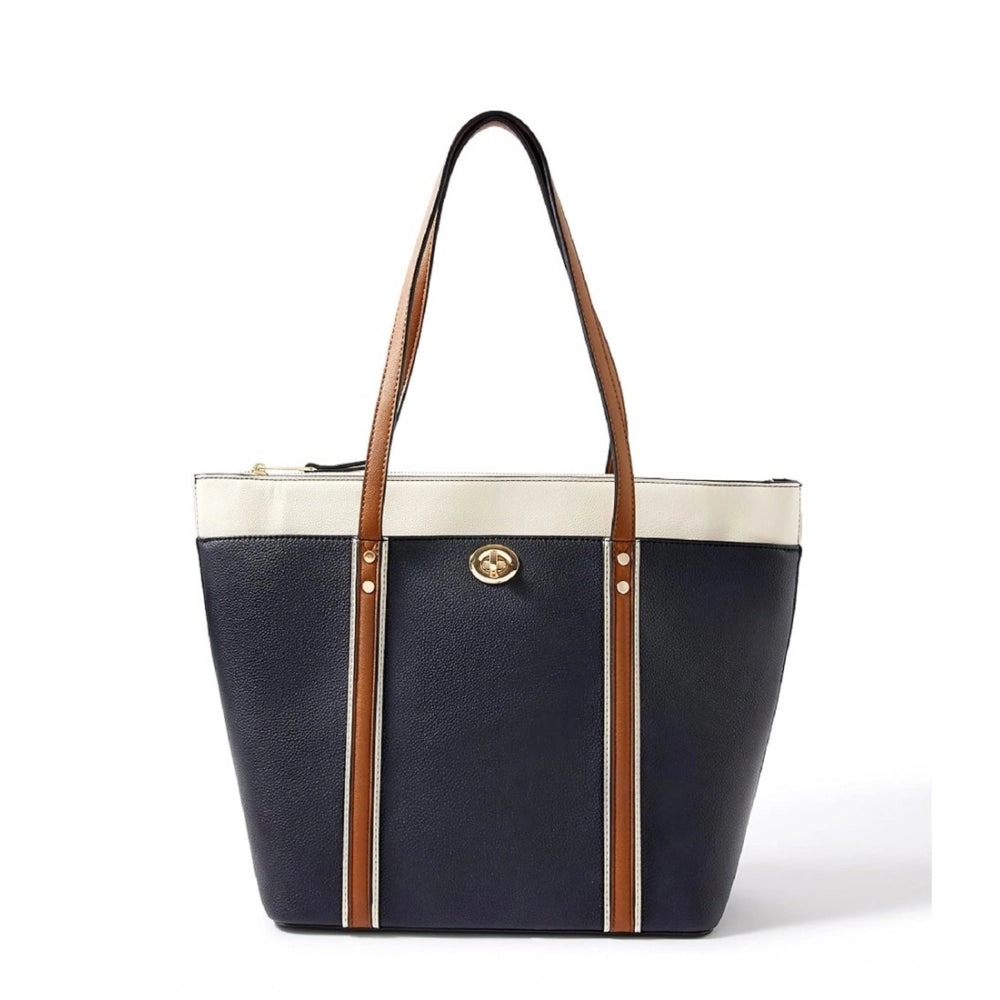 Faux Leather Large Shoulder Zipper Handbag (Dark Blue)
