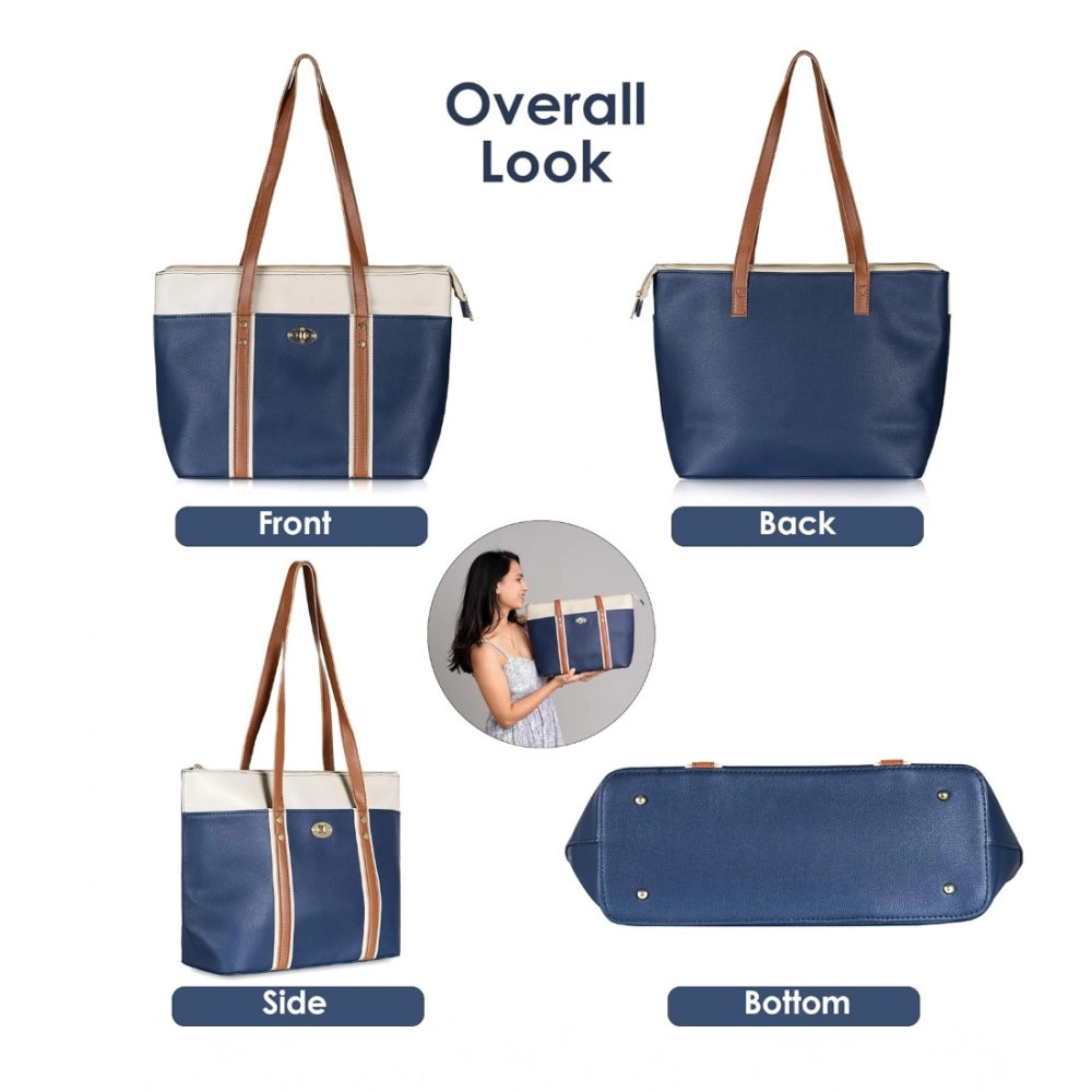 Faux Leather Large Shoulder Zipper Handbag (Dark Blue)