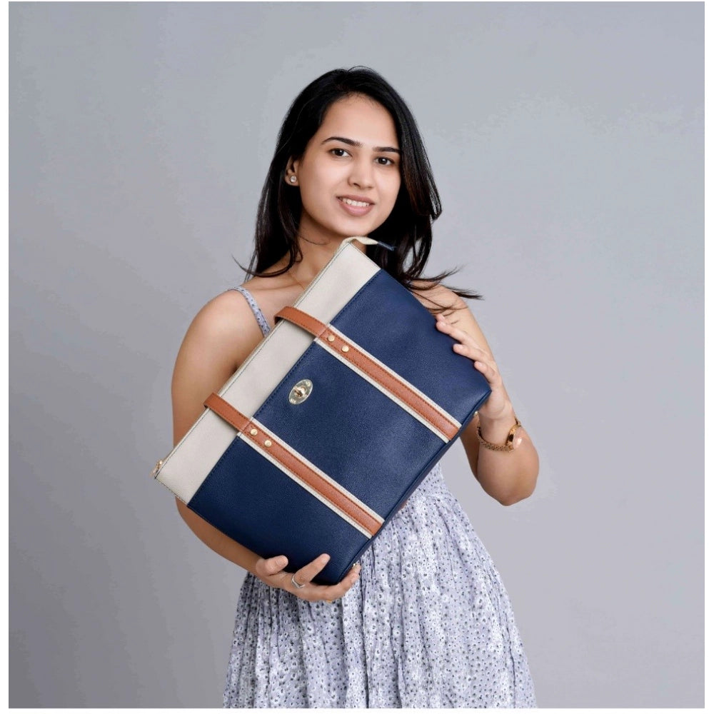 Faux Leather Large Shoulder Zipper Handbag (Dark Blue)