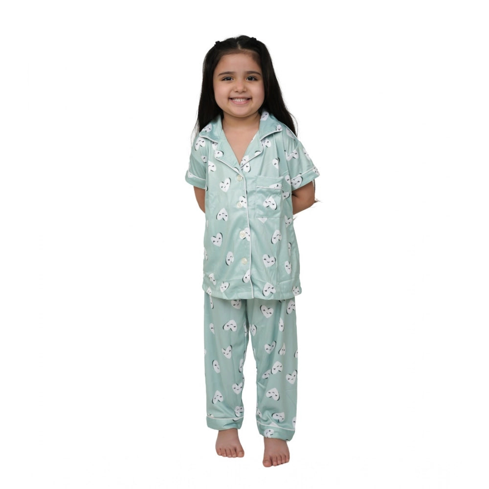 Generic Girl's Silk Bleand Printed Short Sleeve Night Suit Set (Light Green)