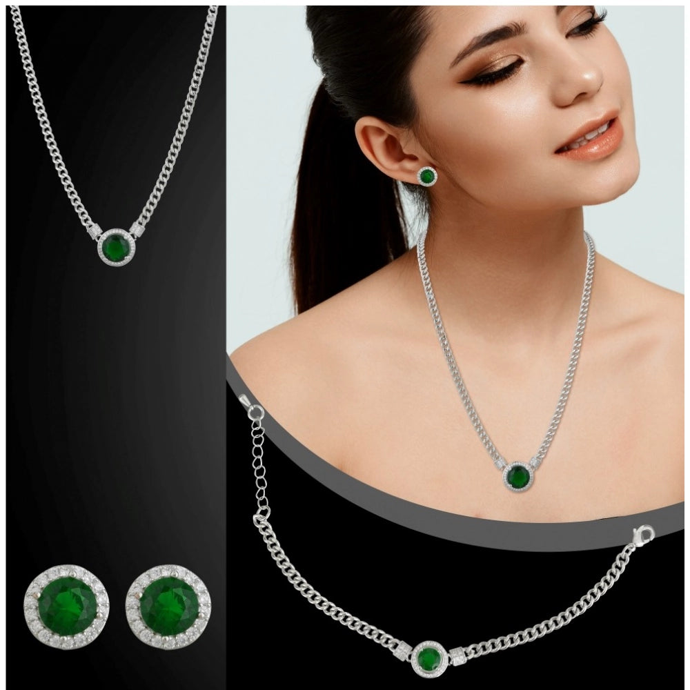 Generic Women's Stainless Steel Green Color Silver Chain Western Combo Jewelry (Silver Plated)