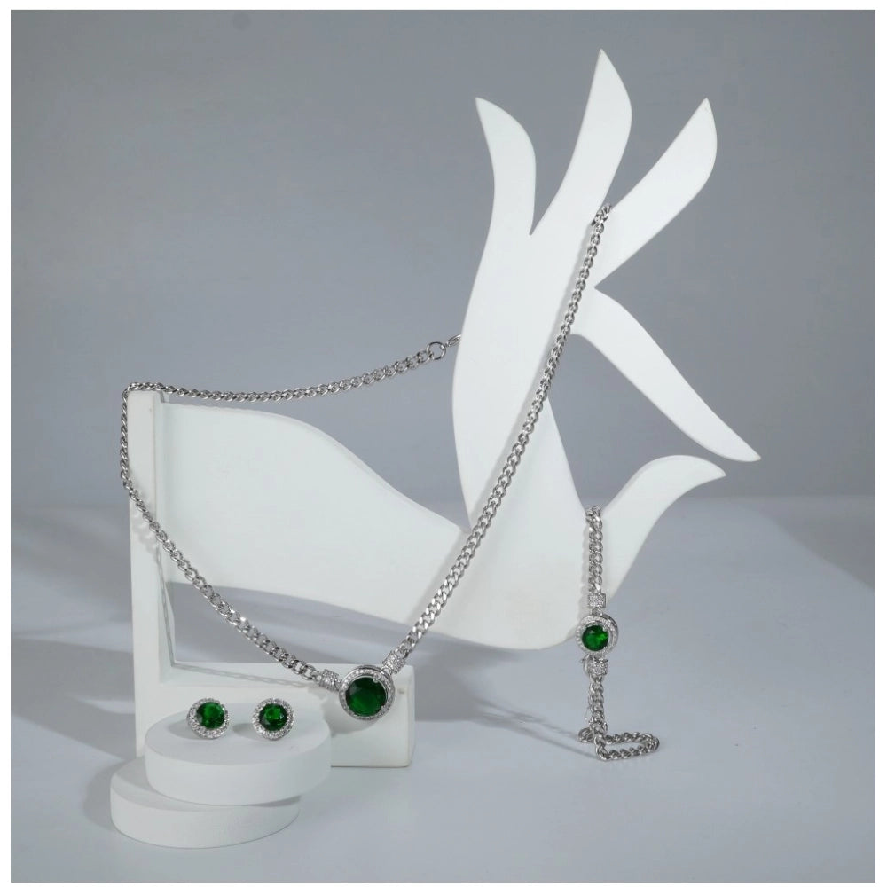 Generic Women's Stainless Steel Green Color Silver Chain Western Combo Jewelry (Silver Plated)