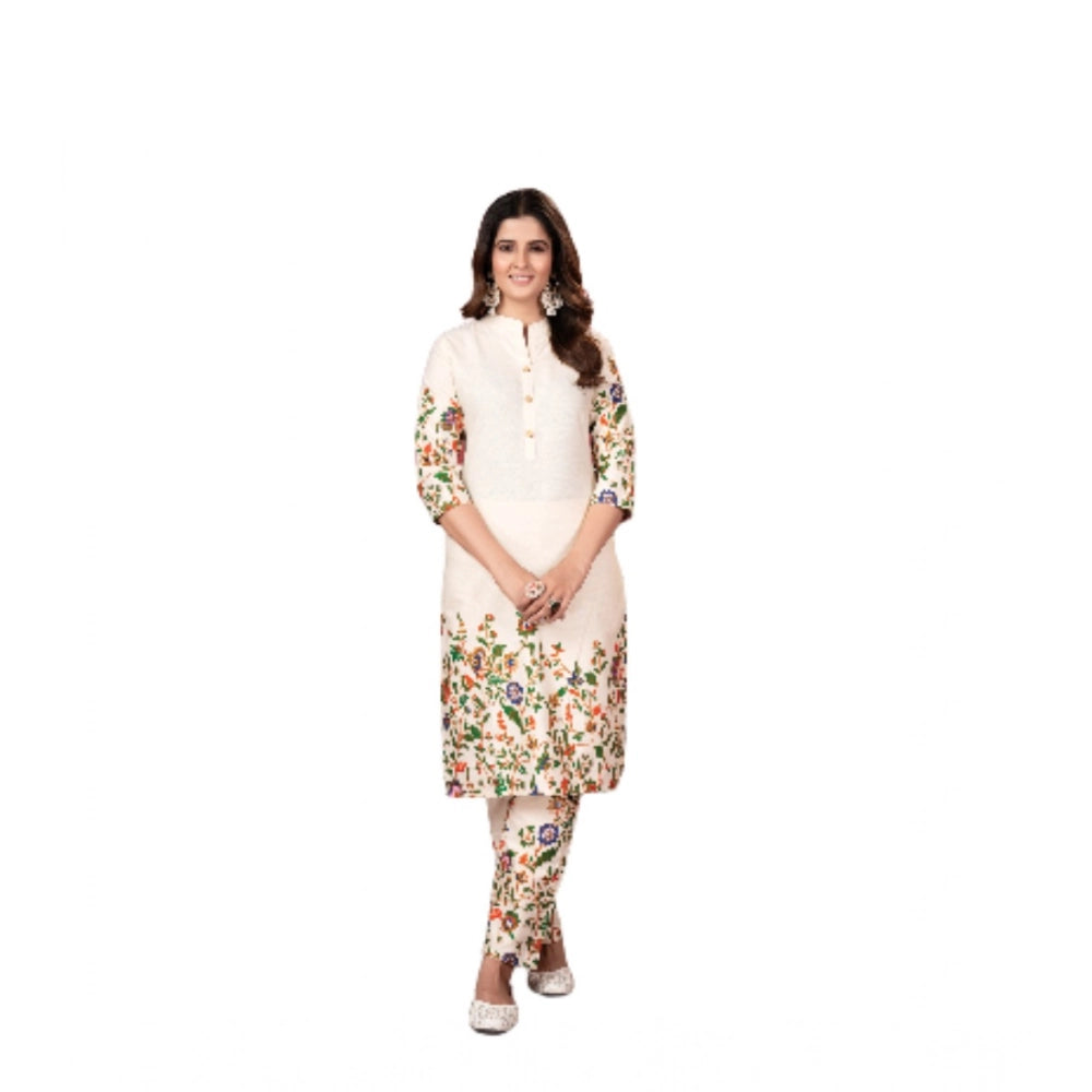 Generic Women's Cotton Printed 3/4th Sleeve Kurti With Pant (Cream )