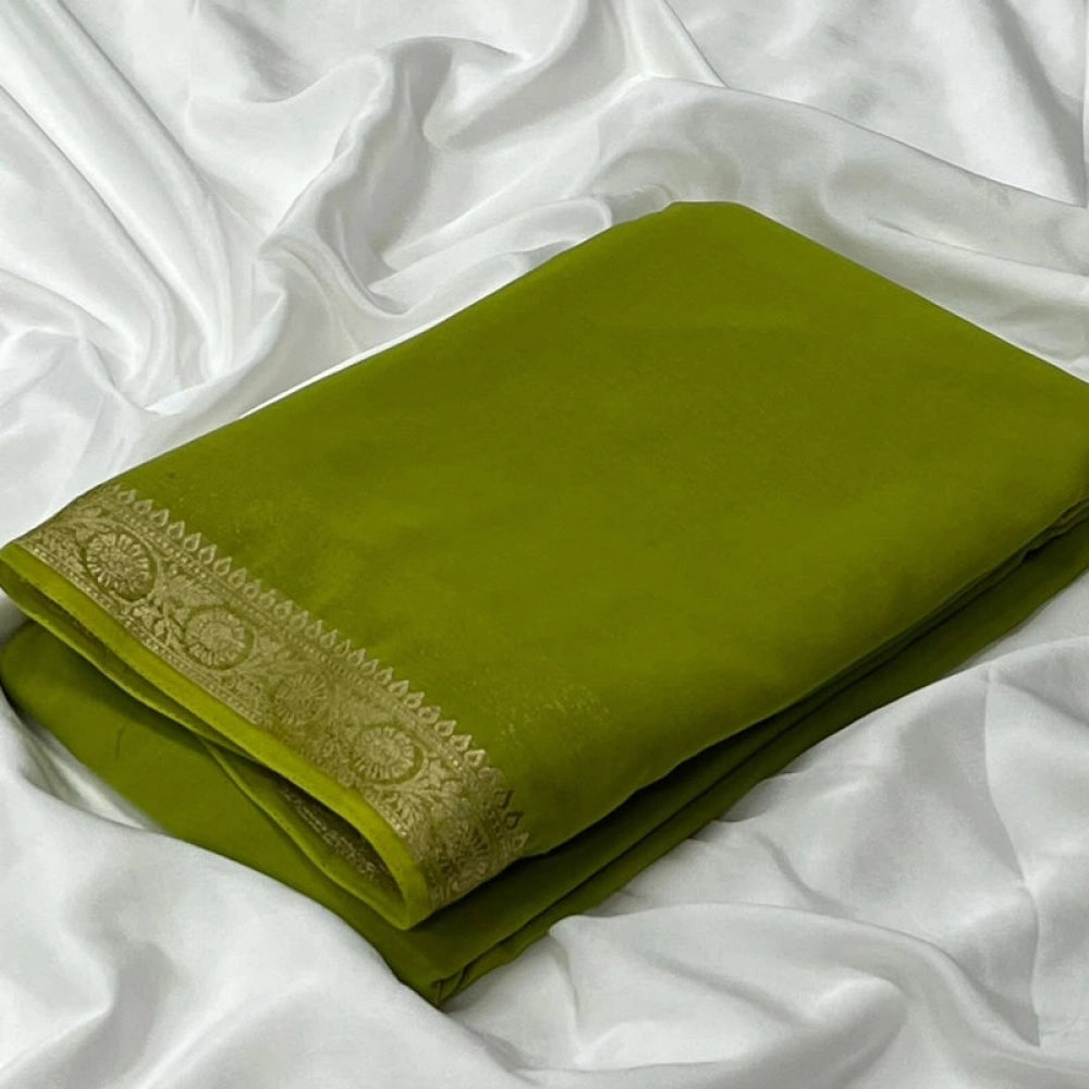 Generic Women's Crepe Chit Pallu Solid Saree With Unstitched Blouse 5.5Mtr (Mehendi Green)