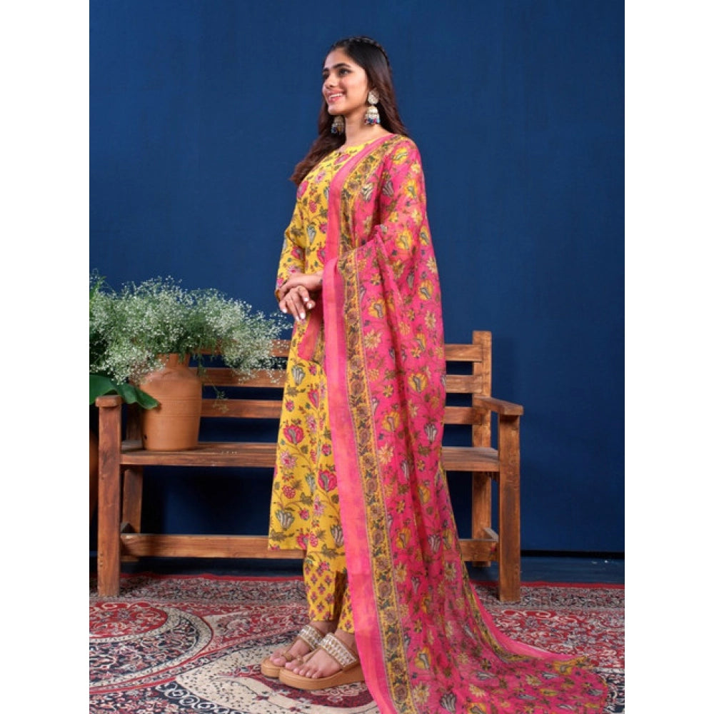 Generic Women's Cotton Blend Printed Kurti With Pant Dupatta Set (Yellow)