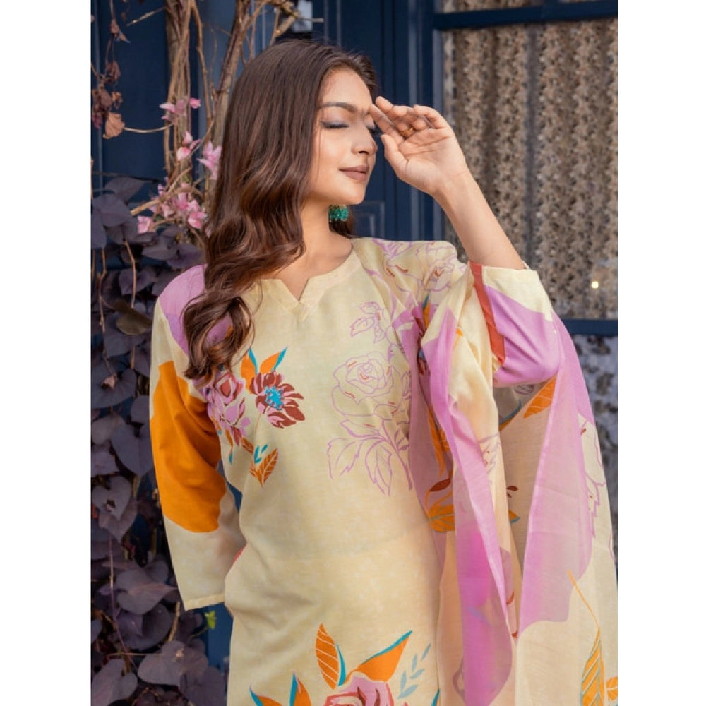 Generic Women's Cotton Blend Printed Kurti With Pant Dupatta Set (Cream)