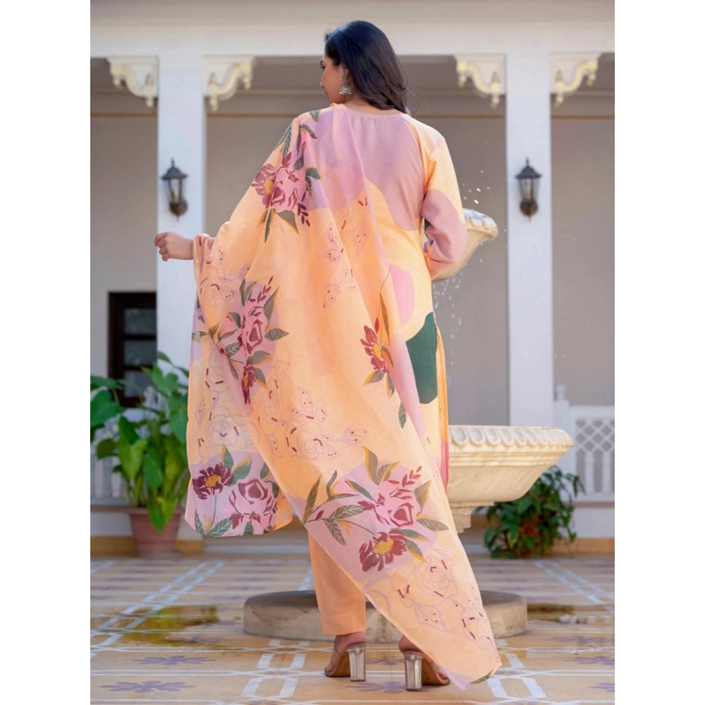 Generic Women's Cotton Blend Printed Kurti With Pant Dupatta Set (Orange)