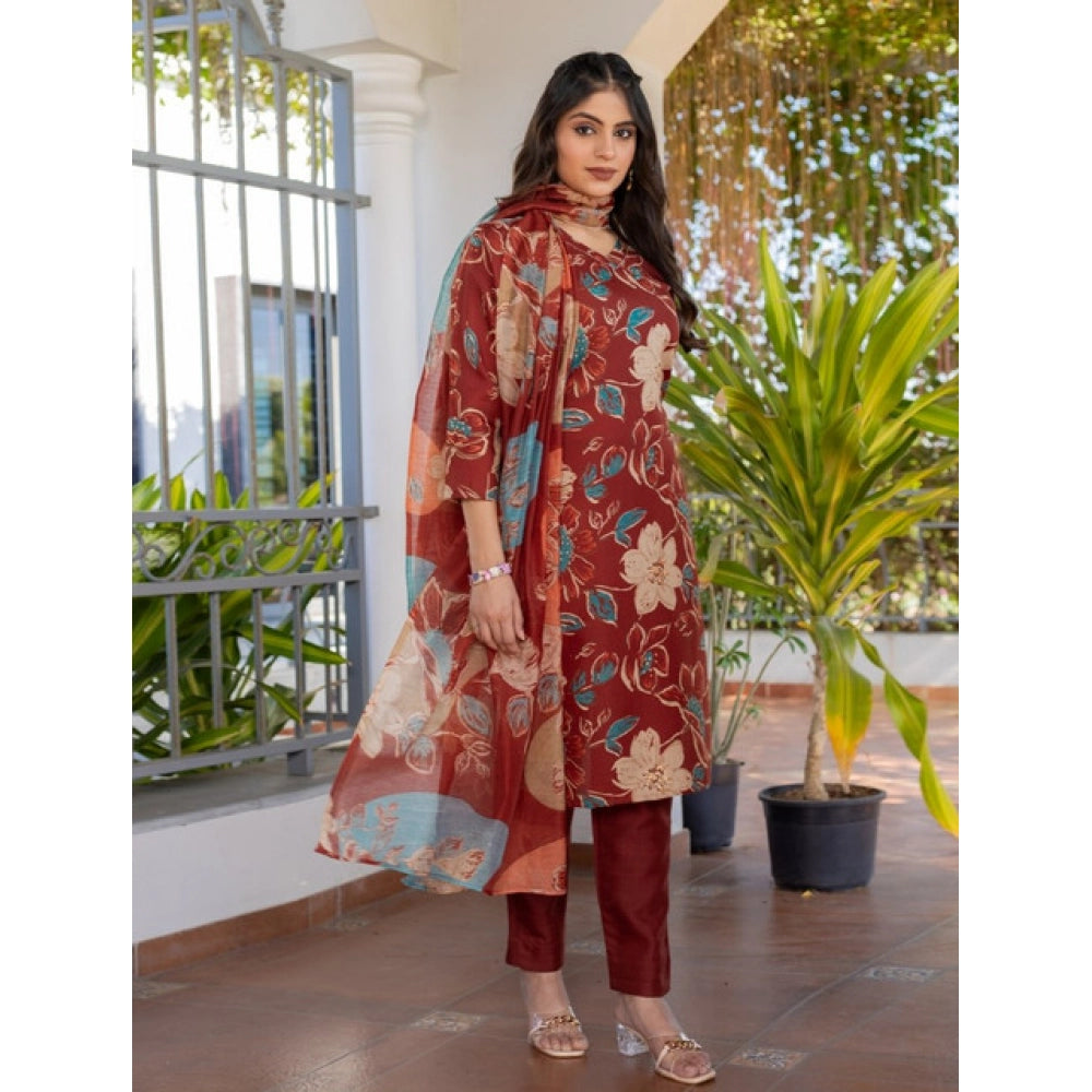 Generic Women's Cotton Blend Printed Kurti With Pant Dupatta Set (Rust)